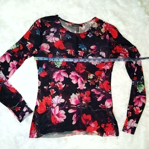 Suzy Shier || Mesh Long Sleeve Shirt, Size Large, Black Floral Pattern - Picture 7 of 7